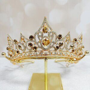 Gold crystal tiara, Champagne crystal crown, princess tiara, vintage crown